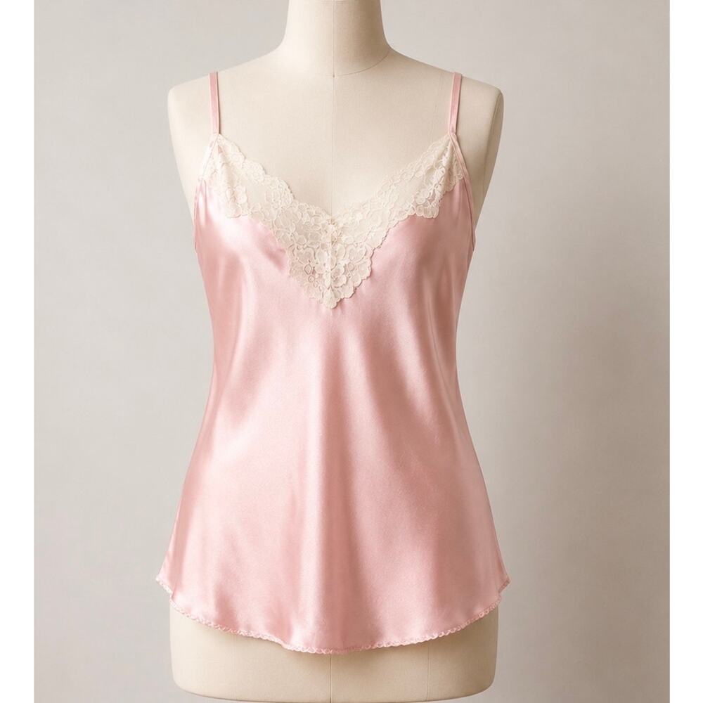Vintage Pink Satin Lace Trim Camisole Slip Feminine Y2K Lingerie Chic Romantic